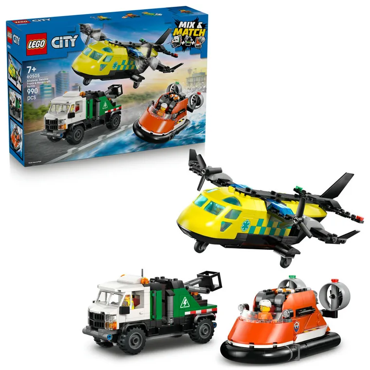 LEGO City, Zestaw z samolotem, ciężarówką serwisową i poduszkowcem, 60505