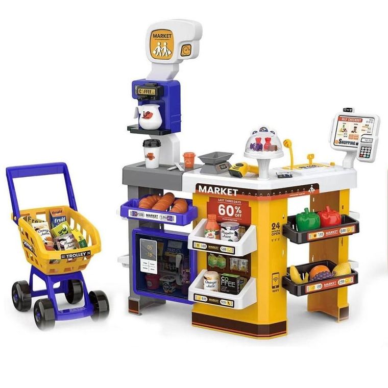 Lena, supermarket z wózkiem sklepowym i akcesoriami, 65 elementów