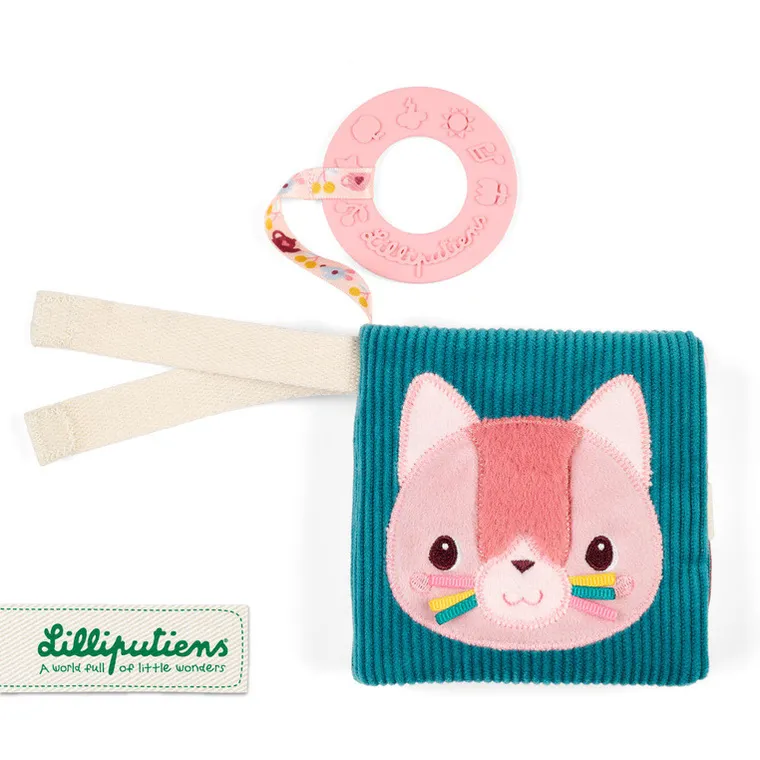 Lilliputiens, Kotka Jeanne, mini-książeczka wielofunkcyjna z szeleszczącą folią i gryzakiem, 6m+