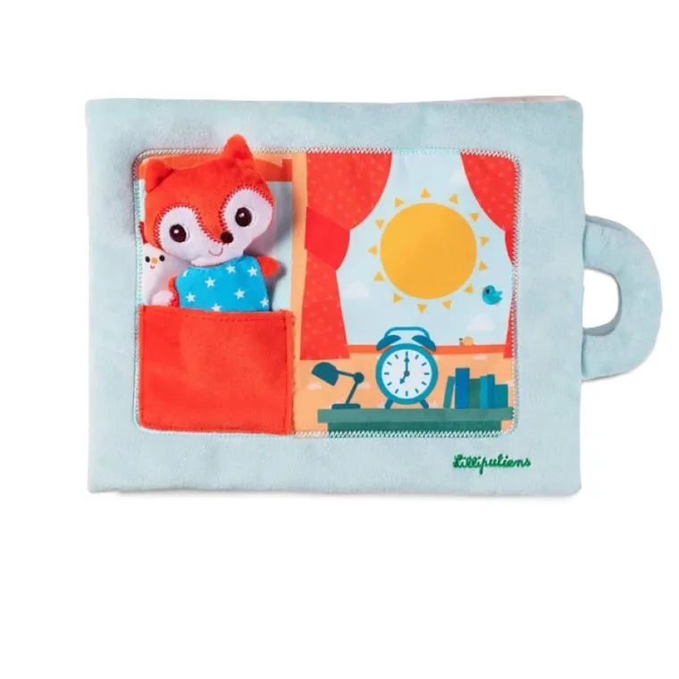 Lilliputiens, miękka książeczka aktywizująca z mini - przytulanką, Dzień dobry, mały lisku, 18 m+