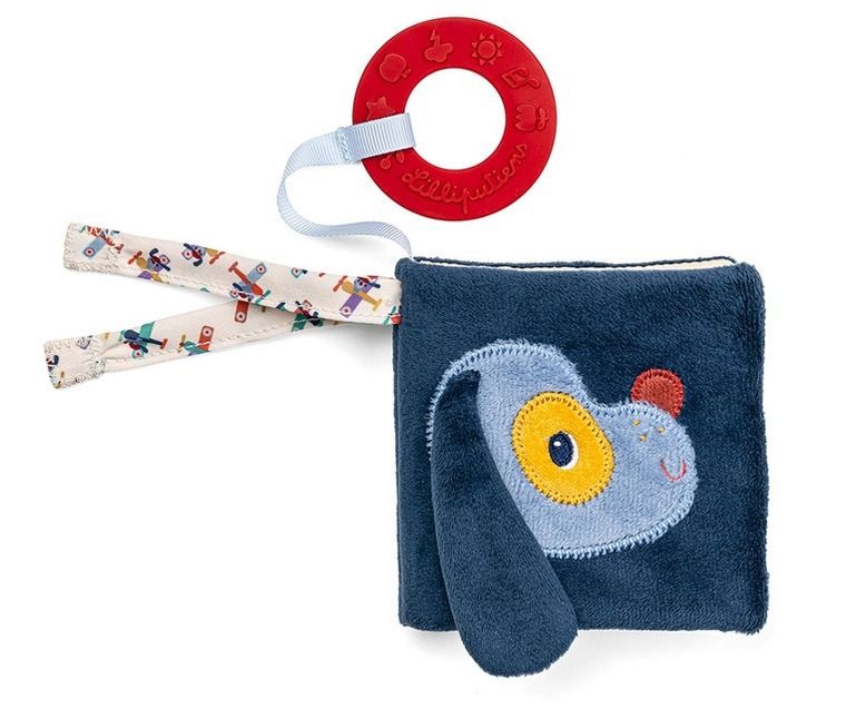 Lilliputiens, Piesek Jules, mini-książeczka wielofunkcyjna z szeleszczącą folią i gryzakiem, 6m+