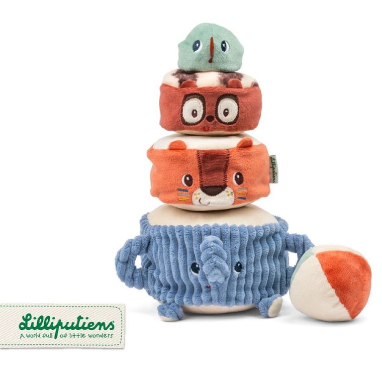 Lilliputiens, piramida sensoryczna z grzechotkami, miękka, zwierzątka, 12m+