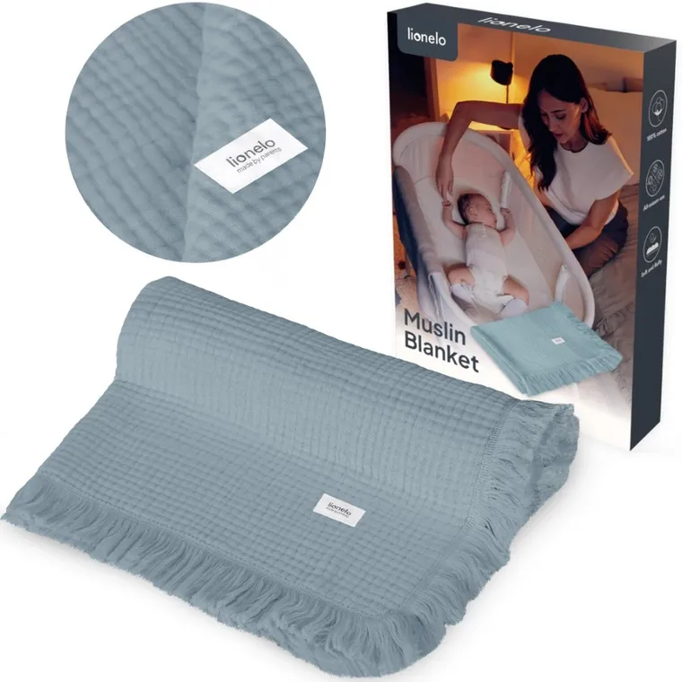 Lionelo, kocyk muślinowy, Stone Blue, 70-100 cm