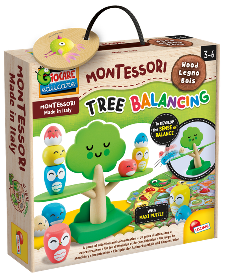 Lisciani, Montessori, Baby Wood, drzewo równowagi, układanka zręcznościowa