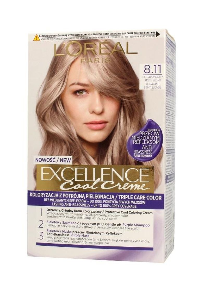 L'Oreal Paris, Excellence Cool Creme, krem koloryzujący, 8.11, ultra popielaty jasny blond