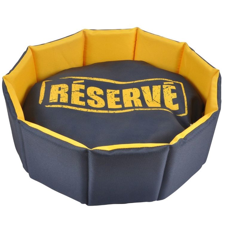 Love Story, legowisko dla psa i kota z wyjmowaną poduszką, Chic, Ø 48 cm, granatowo-żółte z napisem