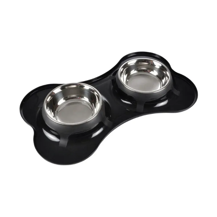 Love Story, miska dla psa podwójna w kształcie kości, stal nierdzewna, Ø 14 cm, czarna