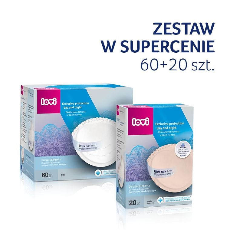 Lovi, Discreet Elegance, jednorazowe wkładki laktacyjne, białe, 60 szt. + beżowe, 20 szt.