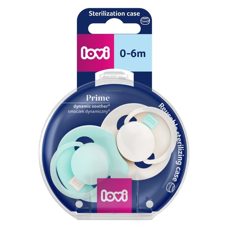 Lovi, Prime, smoczek silikonowy, dynamiczny, Logoon/Mint Cream, 0-6 m, 2 szt.
