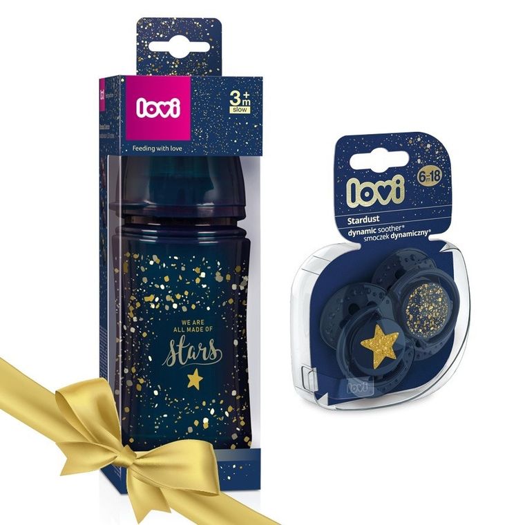 Lovi, Stardust, zestaw: butelka 240 ml + 2 smoczki uspokajające silikonowe, 6-18 m