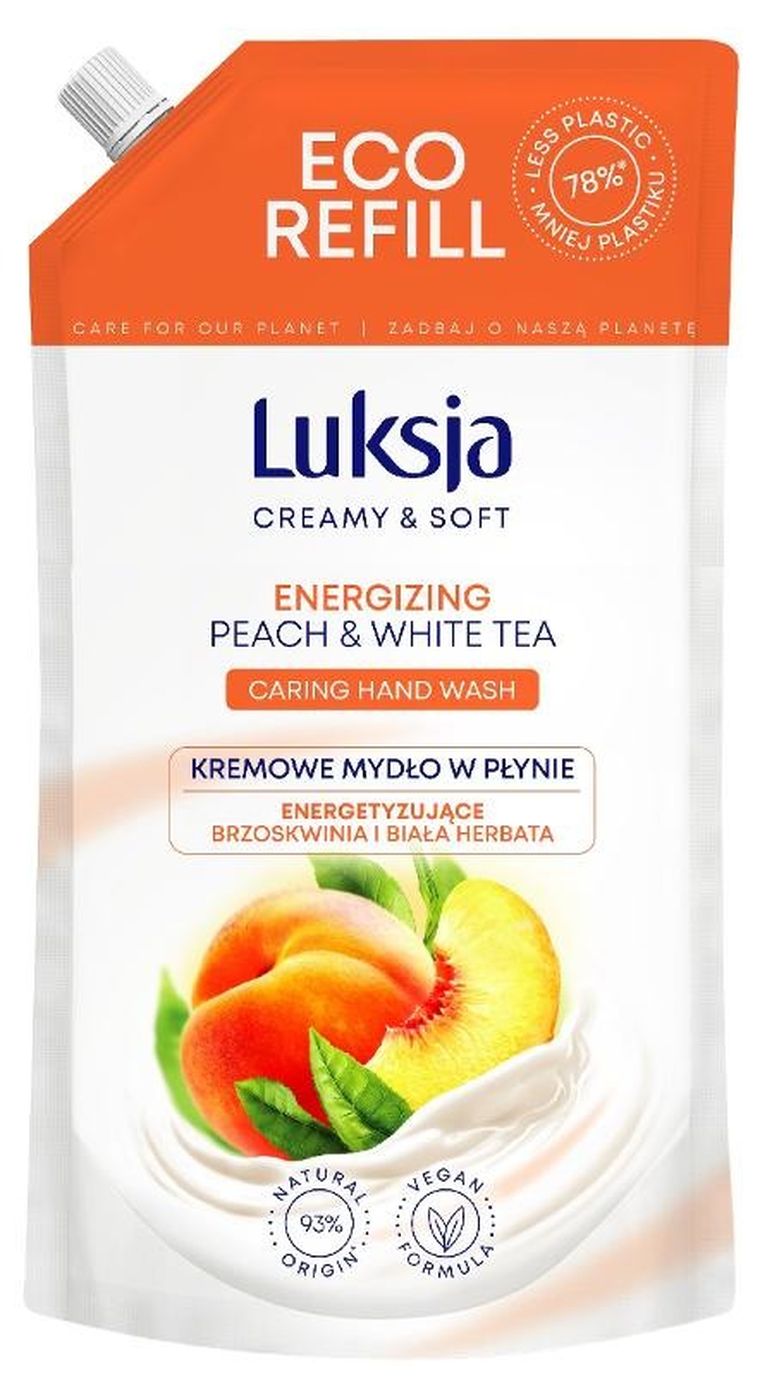Luksja, Creamy & Soft, energizujące kremowe mydło w płynie, brzoskwinia i biała herbata, 900 ml, zapas