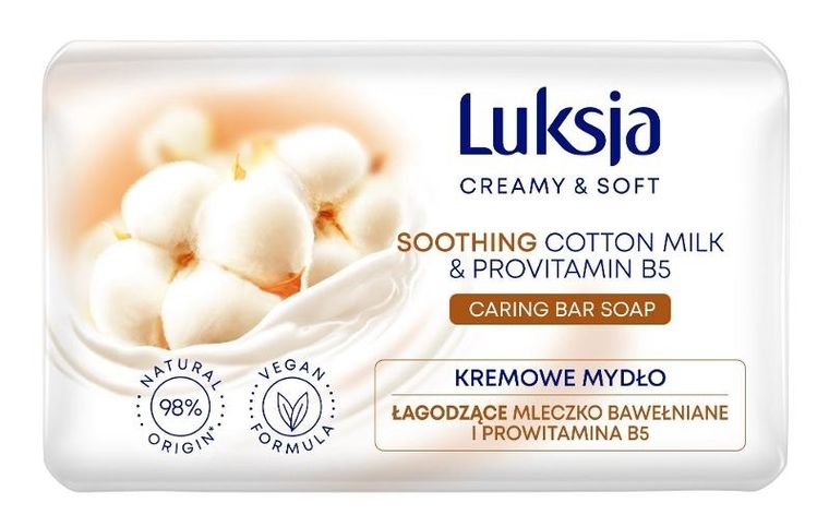 Luksja, Creamy & Soft, łagodzące kremowe mydło w kostce, mleczko bawełniane & prowitamina B5, 90g