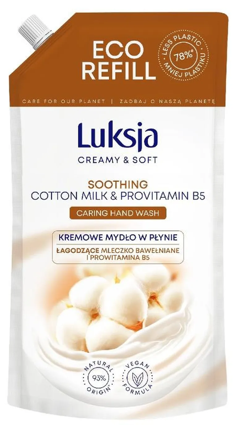 Luksja, Creamy & Soft, łagodzące kremowe mydło w płynie, mleczko bawełniane i prowitamina b5, 900 ml, zapas