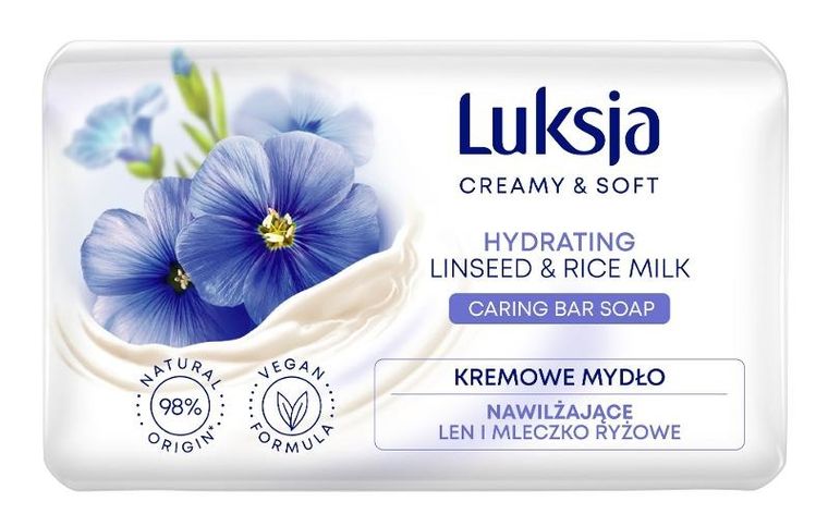 Luksja, Creamy & Soft, nawilżające kremowe mydło w kostce, len & mleczko ryżowe, 90g
