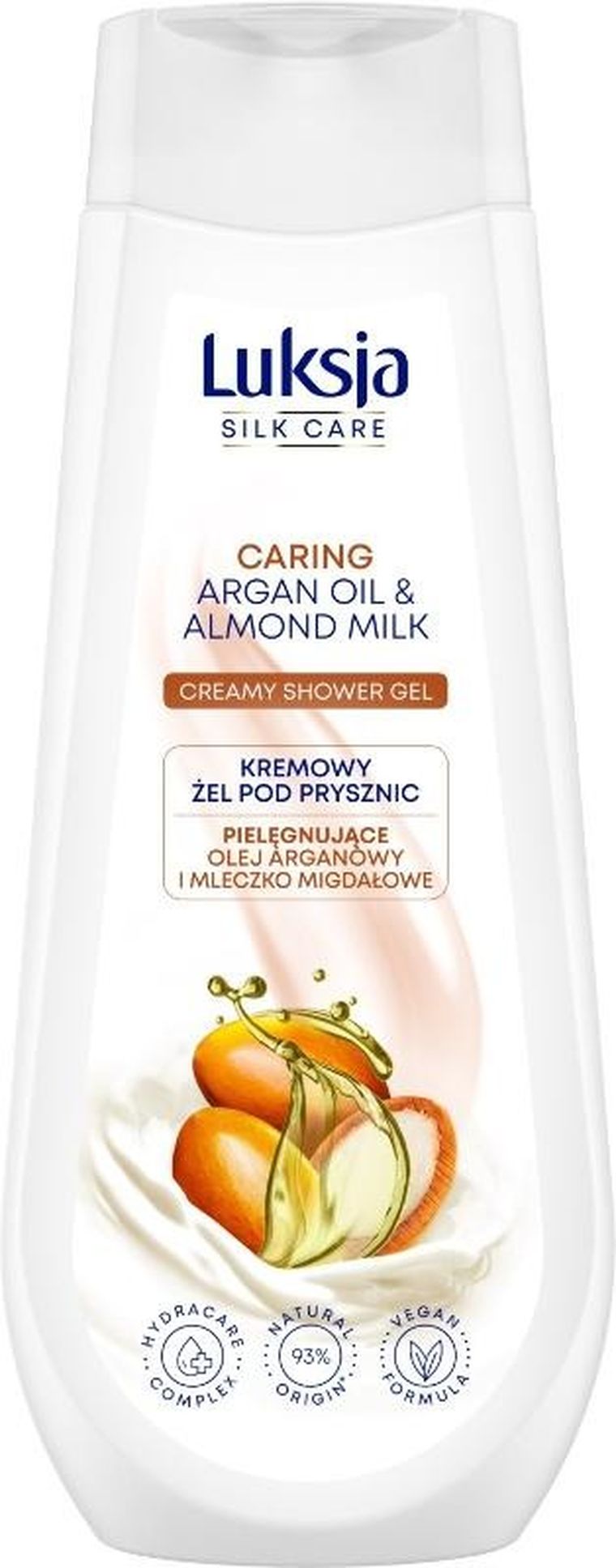 Luksja, Silk Care, pielęgnujący kremowy żel pod prysznic, olej arganowy i mleczko migdałowe, 500 ml