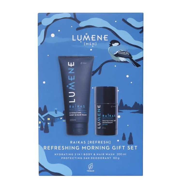 Lumene, Men Raikas Refreshing Morning, zestaw: Hydrating 2in1 Body & Hair Wash, żel pod prysznic, 200 ml + Protecting 24H Deodorant Stick, dezodorant w sztyfcie, 60g