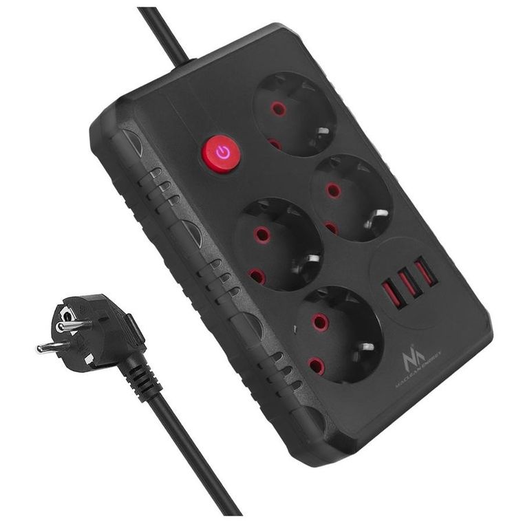 Maclean, listwa zasilająca, 4 gniazda + 3XUSB, 110-240V, AC 50/60HZ, 2.1A, MAX 2500W, 1,5M, czarna, MCE392 B