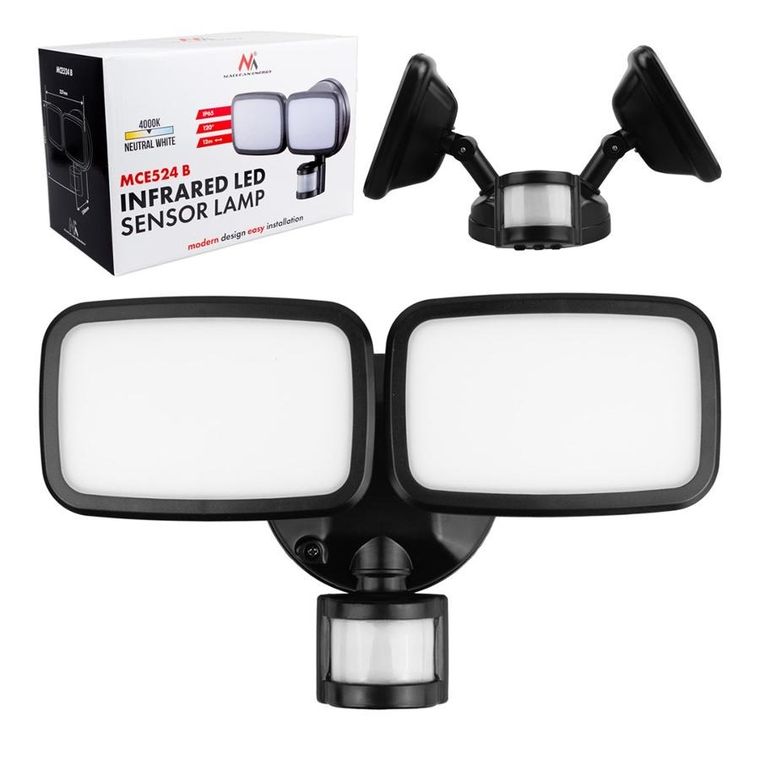 Maclean, ścienna lampa LED, z czujnikiem PIR, 20W, 1500LM, IP65, NEUTRAL WHITE 4000K, czarna, MCE524 B