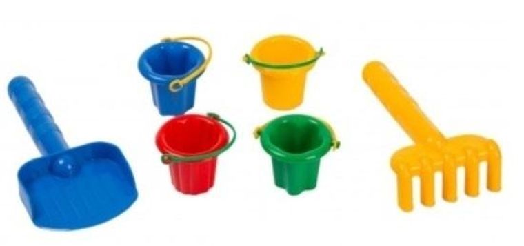Macyszyn Toys, zestaw do piasku, łopatka, grabki, wiaderka