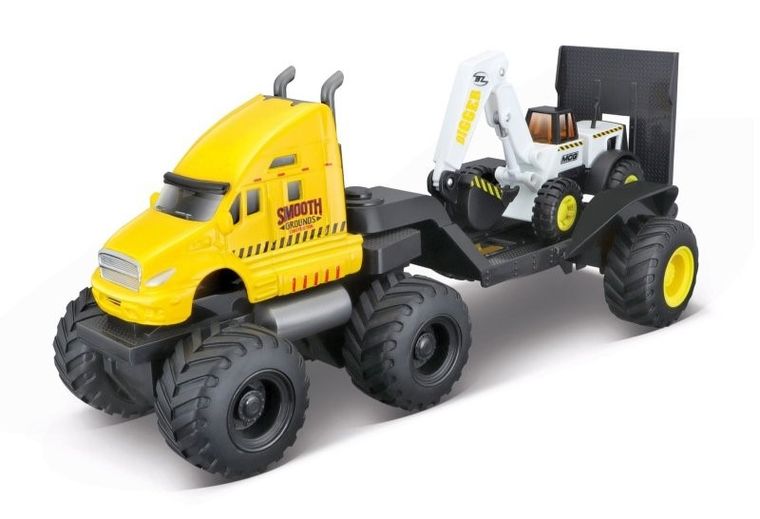 Maisto, Pojazd budowlany z lawetą i koparką, żółto-biały