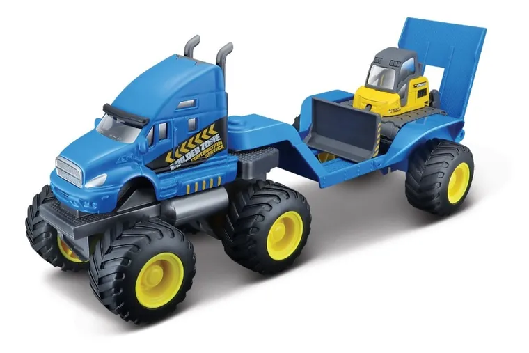 Maisto, pojazd budowlany z lawetą i spychaczem, niebieski