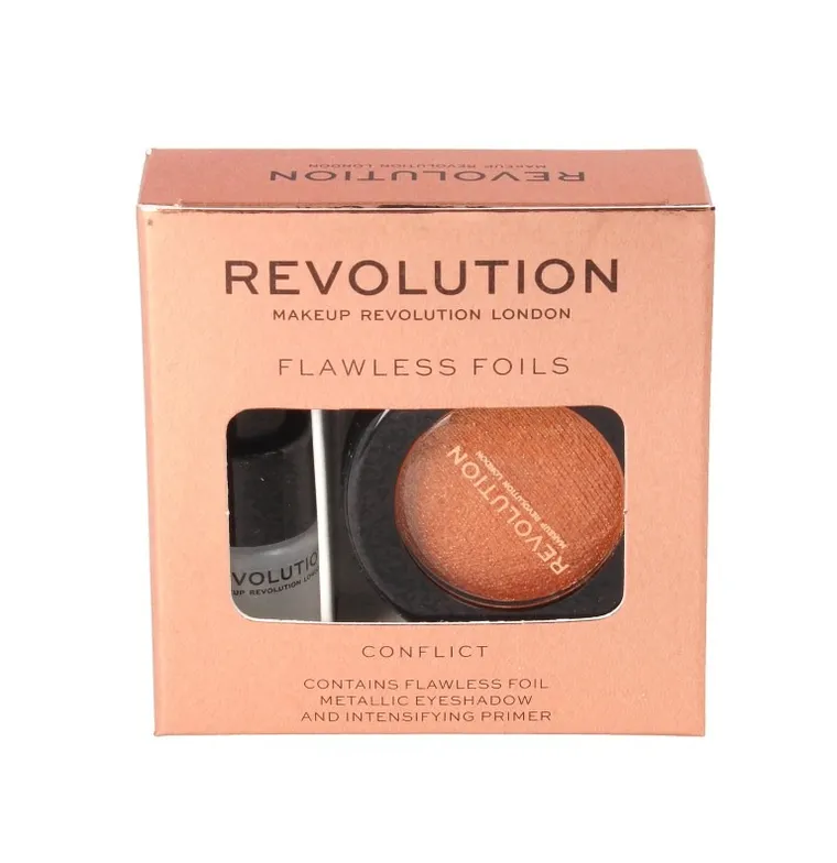 Makeup Revolution, Flawless Foils, metaliczny cień do powiek + baza, Conflict, zestaw