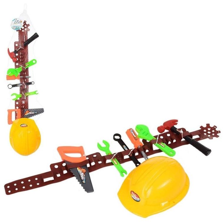 Maksik, narzędzia budowlane na pasie, z kaskiem