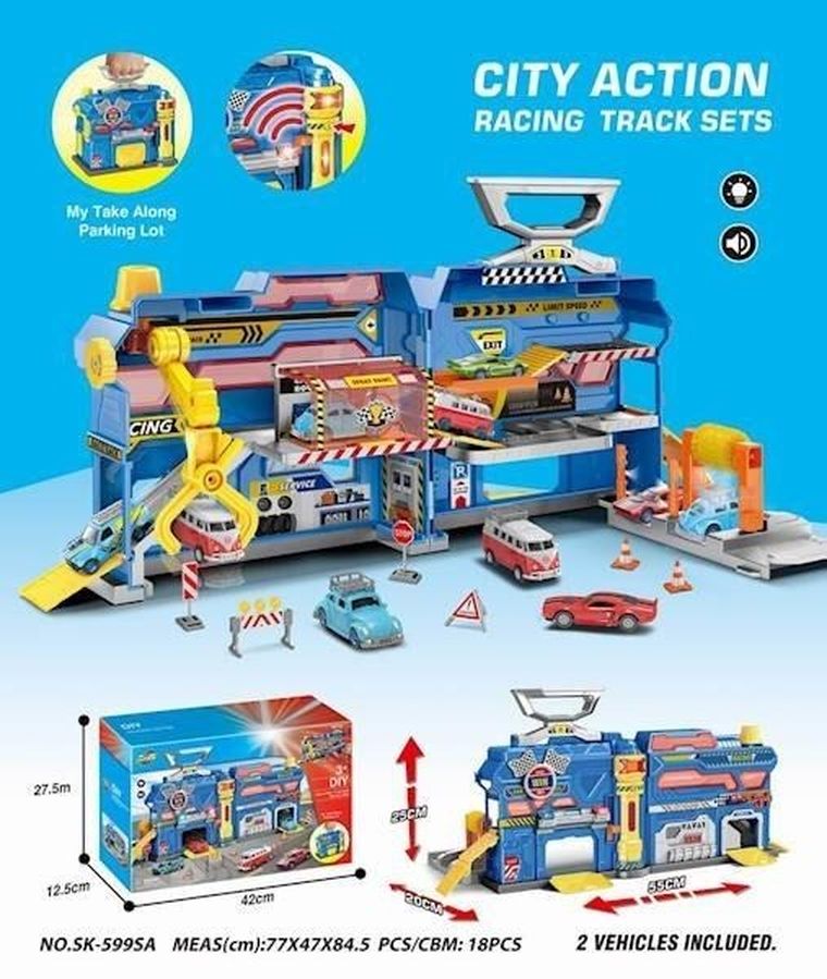 Maksik, parking z pojazdami i akcesoriami