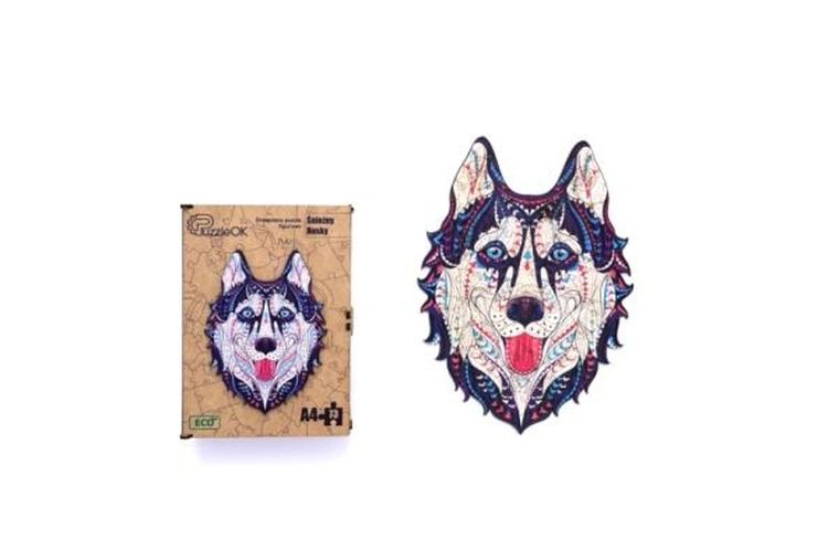 Maksik, puzzle drewniane, śnieżny husky, 123 elementów