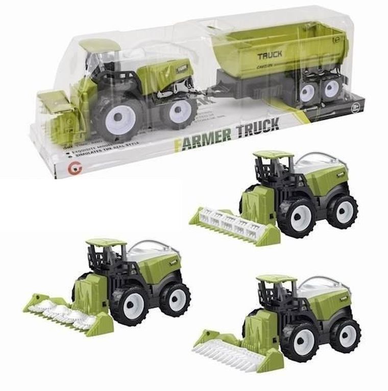 Maksik, traktor rolniczy z zieloną przyczepą