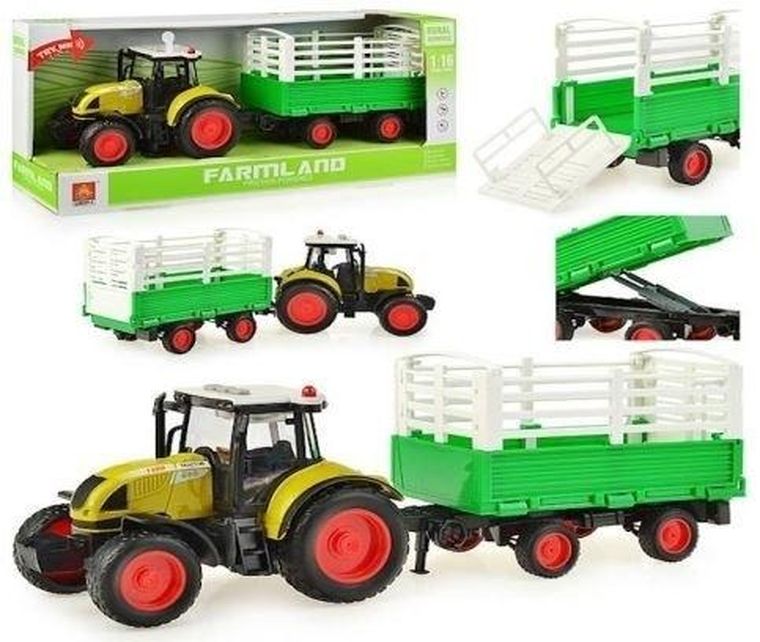 Maksik, traktor z naczepą, żółty