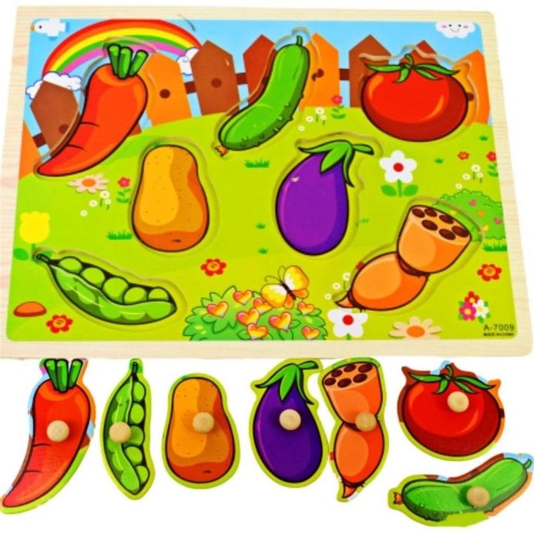Maksik, warzywa na ogródku, puzzle drewniane z uchwytami