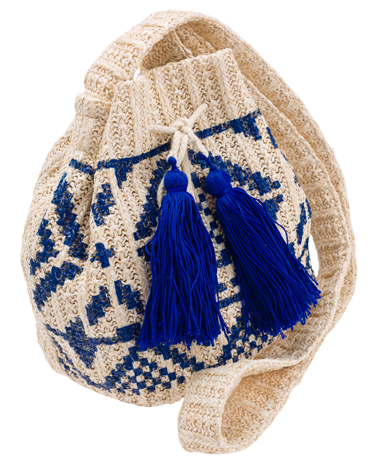Mała, słomiana torebka worek z pomponami, idealna na lato, Cavaldi