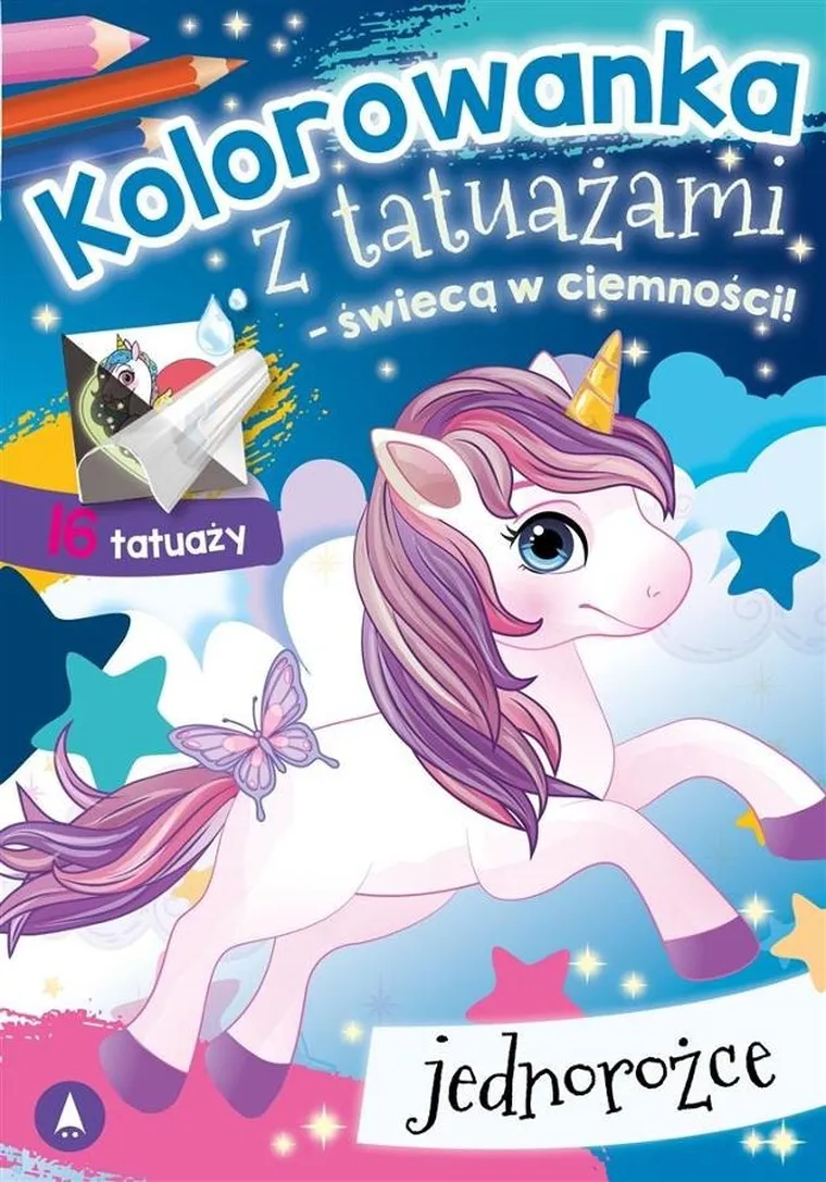 Malowanka kolorowanka z tatuażami świecącymi w ciemności. Jednorożce
