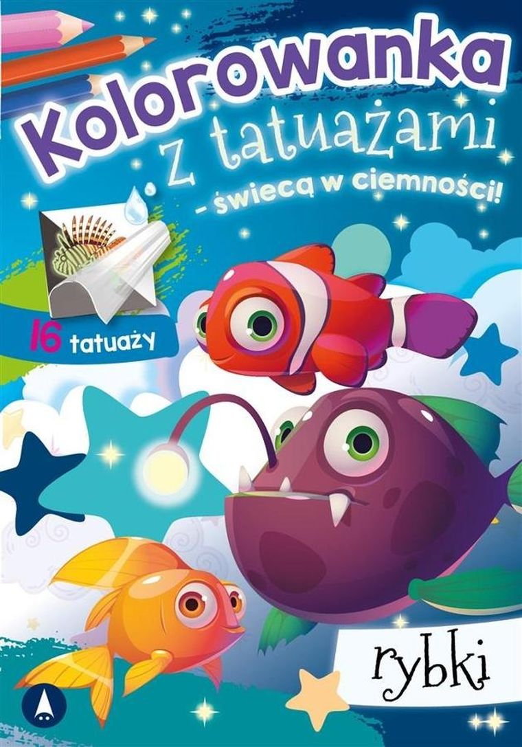 Malowanka kolorowanka z tatuażami świecącymi w ciemności. Rybki