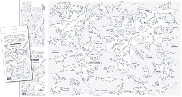 Mapa świata. Dinozaury. Kolorowanka XL