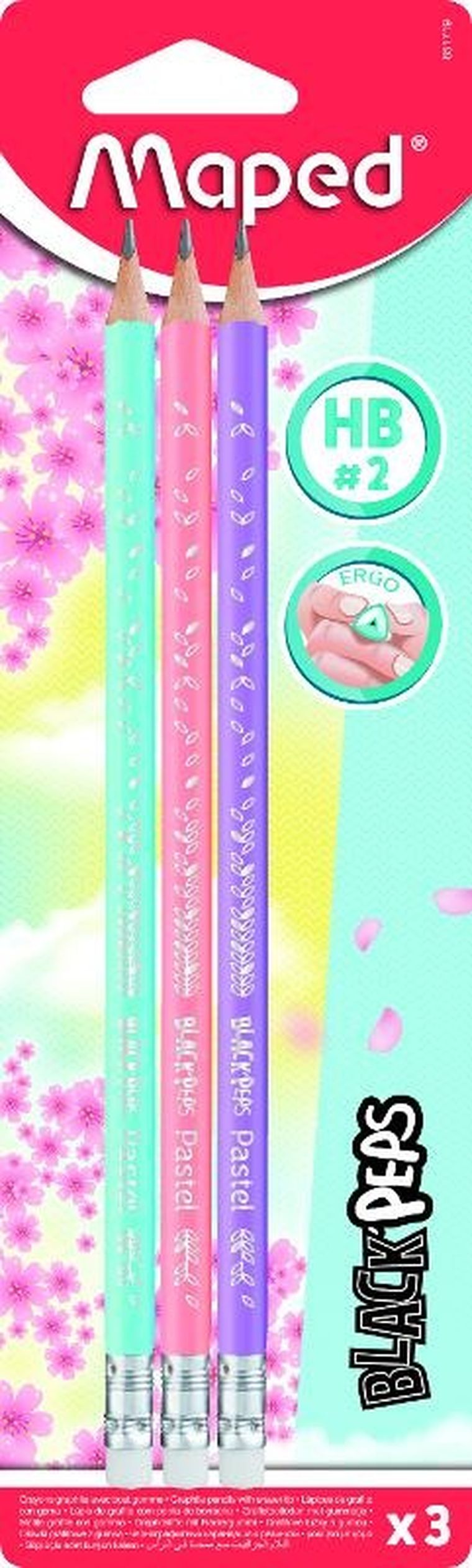 Maped, Blackpeps Pastel HB, ołówek z gumką, 3 szt.