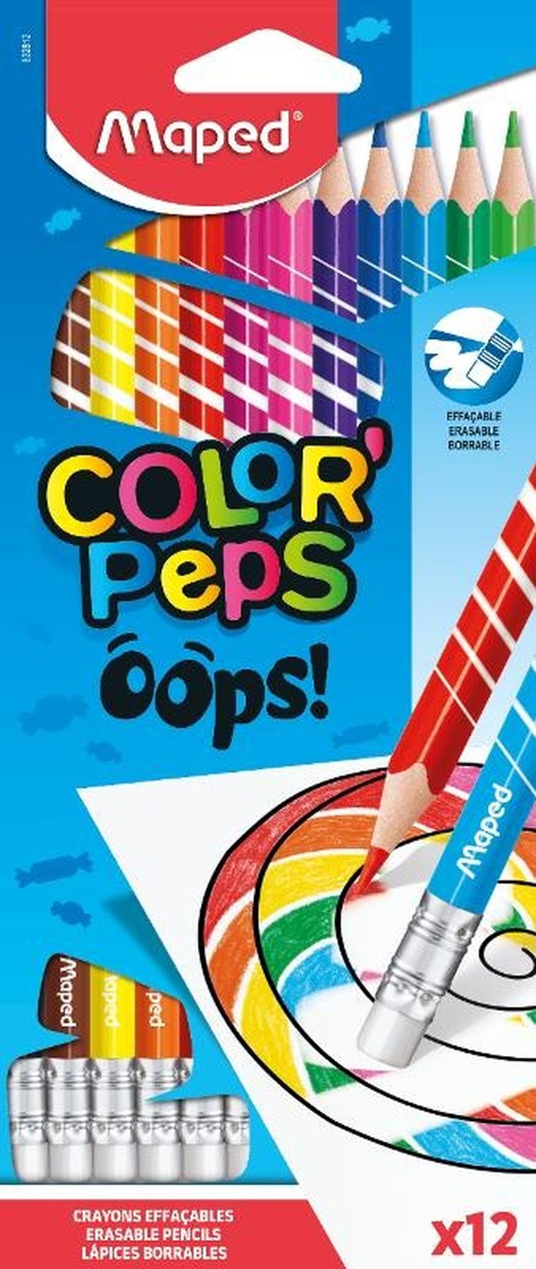 Maped, Color'Peps, Oops, kredki ścieralne z gumką, trójkątne, 12 kolorów