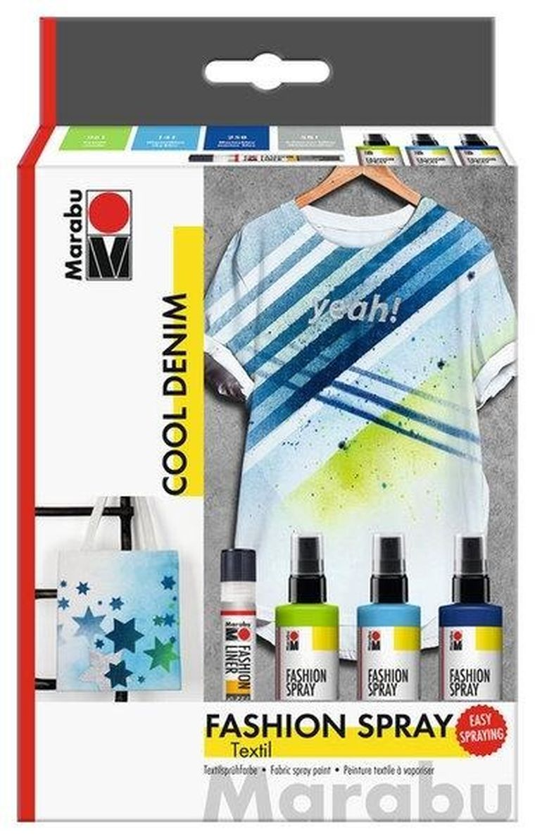 Marabu, farby do tkanin w spreju, cool denim, 4 elementy