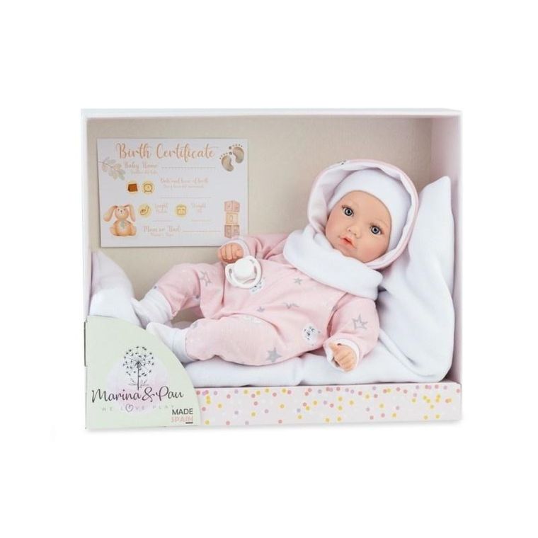 Marina&Pau, lalka hiszpańska, Noa Reborn z pościelą, 40 cm