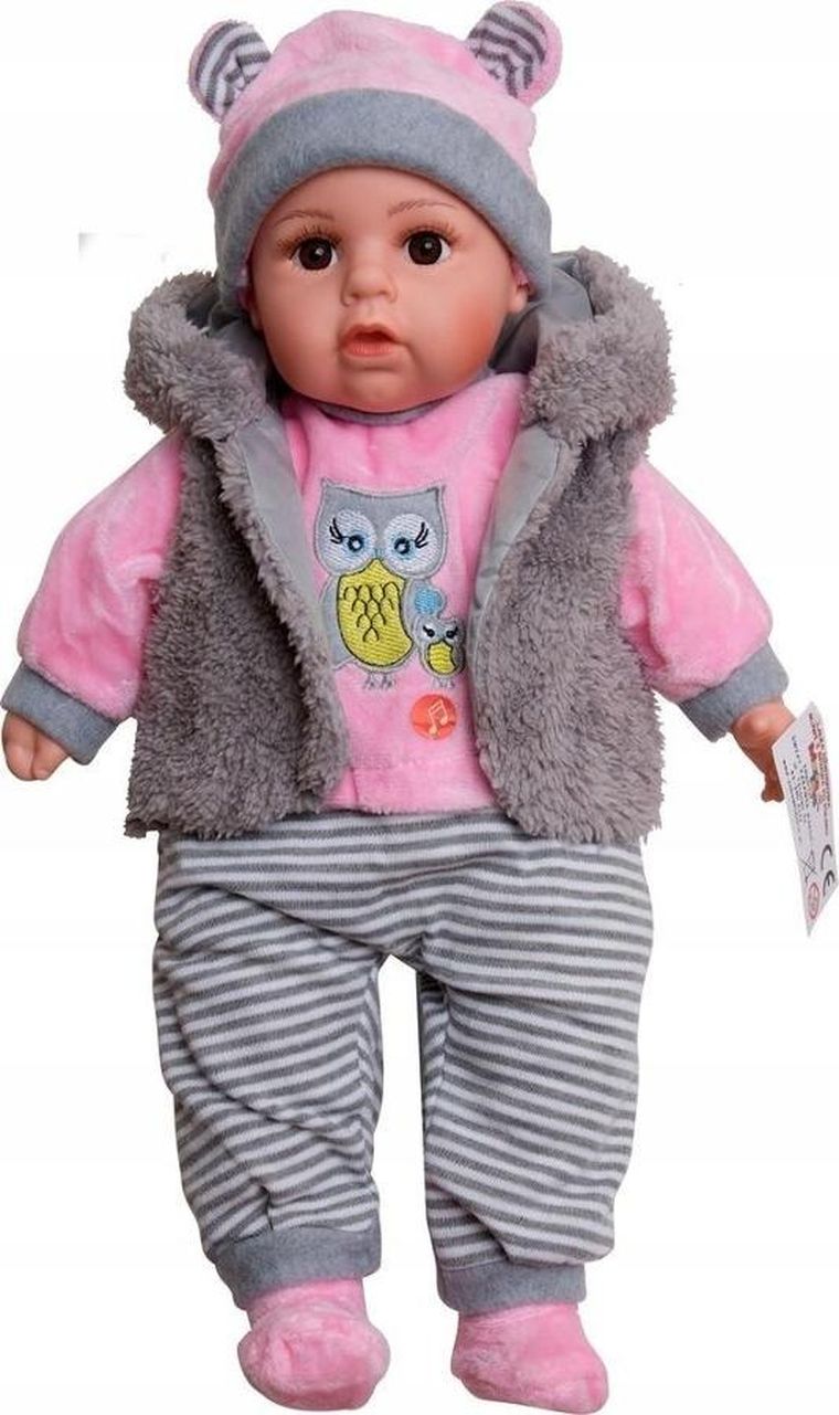 Mariotoys, interaktywna lalka bobas, ze smoczkiem i butelką, szaro-różowa, 45 cm