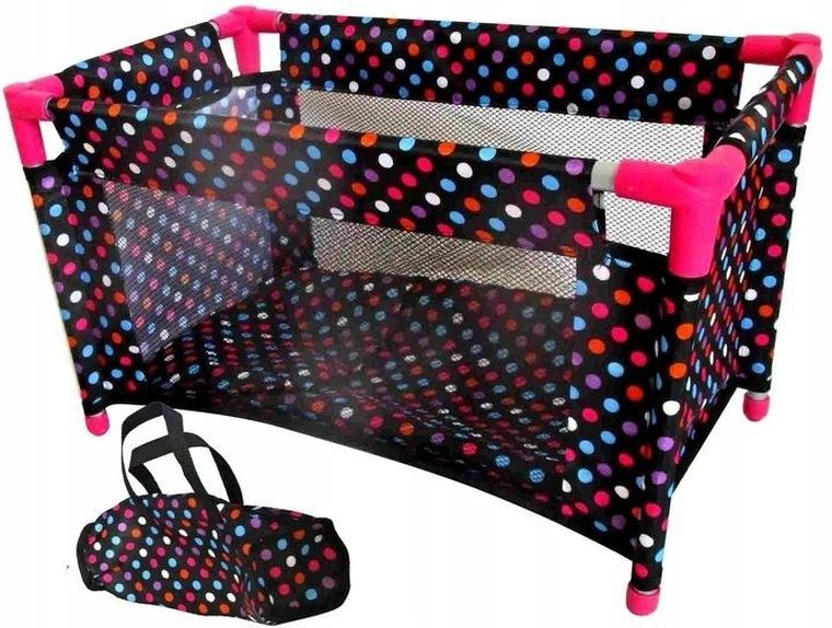 Mariotoys, łóżeczko-kojec dla lalek, czarny w białe groszki