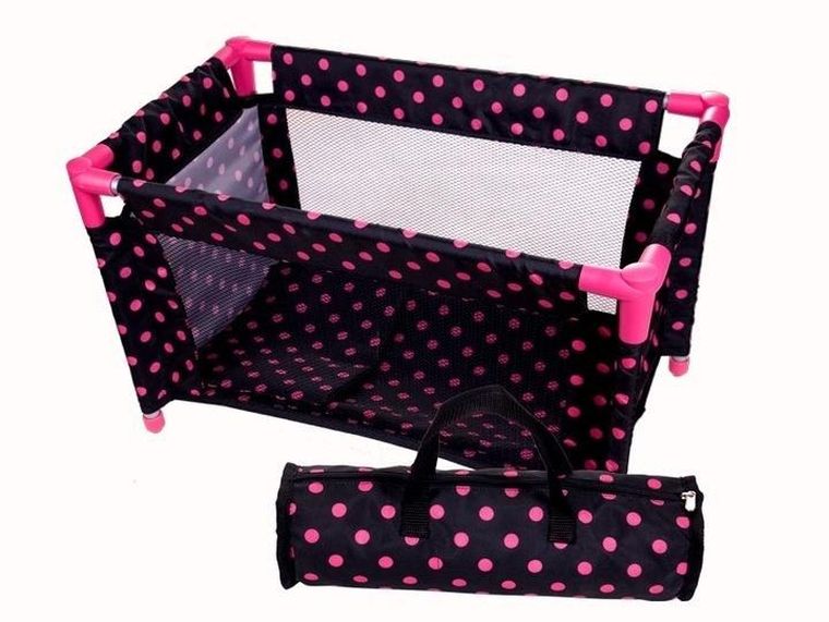 Mariotoys, łóżeczko-kojec dla lalek, czarny w różowe groszki