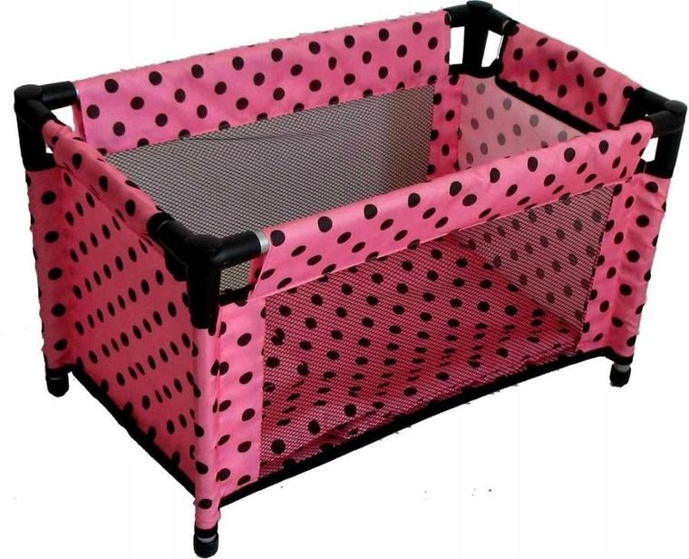 Mariotoys, łóżeczko-kojec dla lalek, różowy w czarne groszki