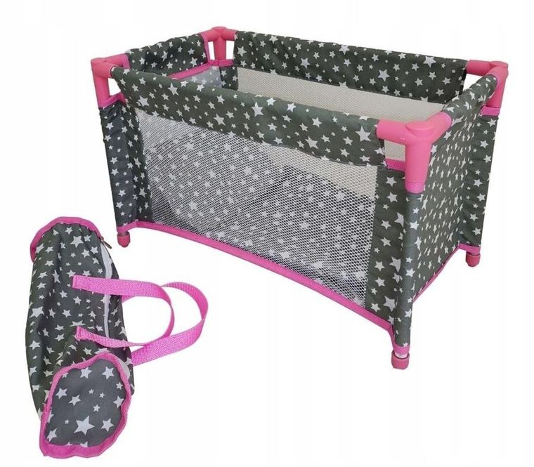 Mariotoys, łóżeczko-kojec dla lalek, szary w białe gwiazdki
