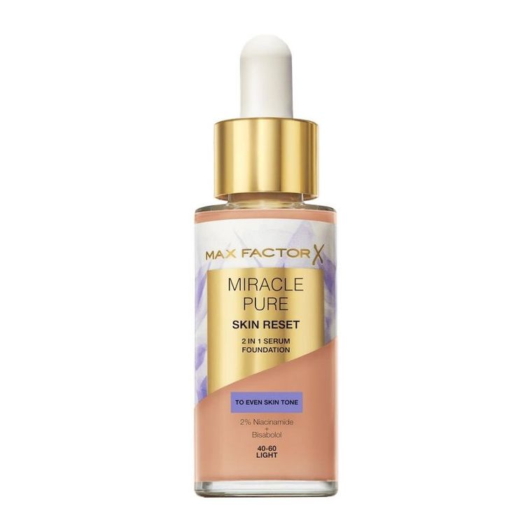 Max Factor, Miracle Pure 2w1 Skin Reset, pielęgnujący podkład z serum o wegańskiej formule, 40-60 Light, 30 ml