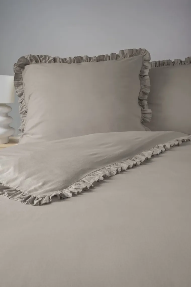 Mayamoo, pościel 3-częściowa z falbaną, taupe, 160-200 cm