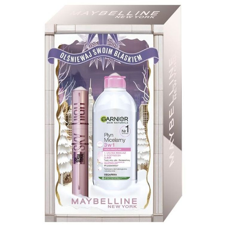 Maybelline, zestaw: Lash Sensational Sky High, wydłużający tusz do rzęs Black, 7.2 ml + Garnier, płyn micelarny 3w1, 400 ml