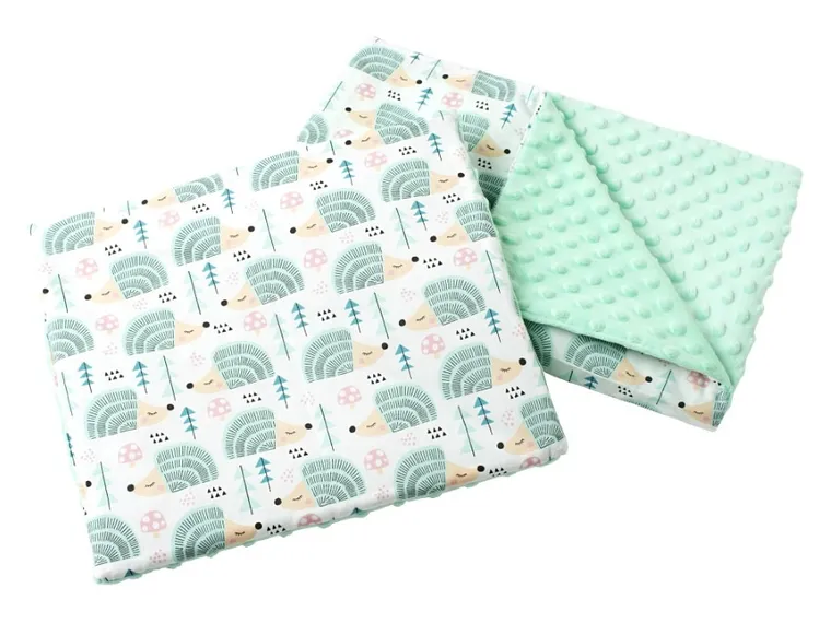 Medi Partners, Jeże, kołderka z poduszką do wózka, minky, miętowa, 55-75 cm