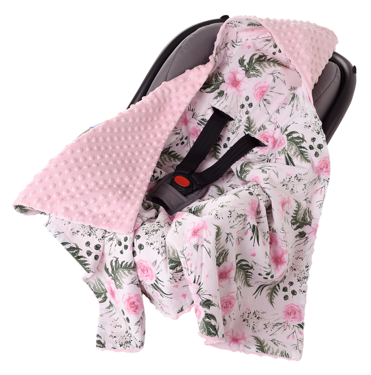 Medi Partners, Kwiaty, otulacz do nosidełka z kapturkiem, minky, różowy, 85-85 cm